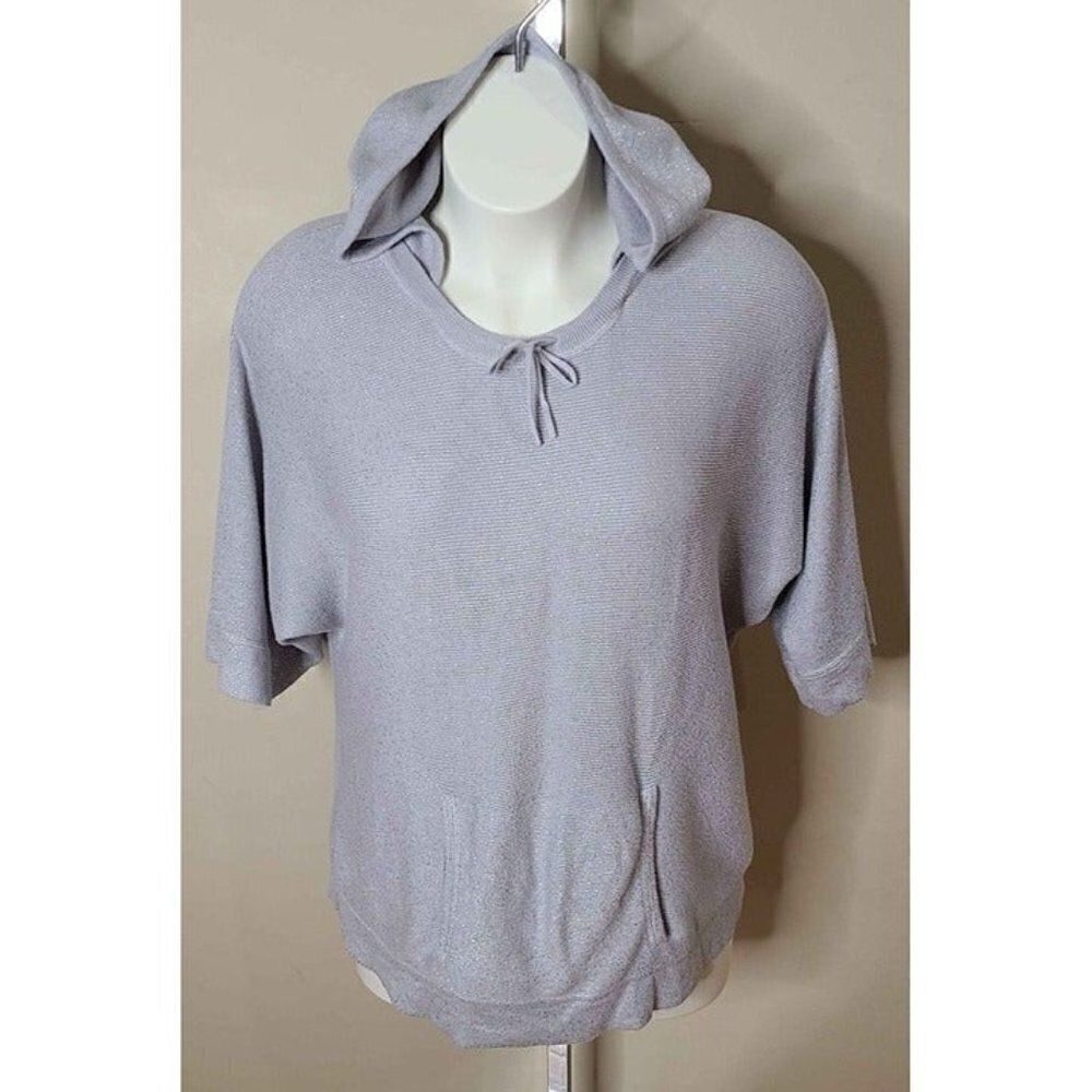 Zenergy by Chicos Oversized Gray Silver Half Sleeve Pullover Hooded Sweater Lg